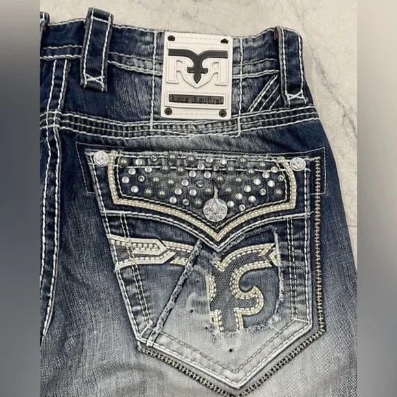 (RV-8)New Rock Revival Men's Monte Studded Distress Denim Shorts In Blue Size:32 - Picture 5 of 5